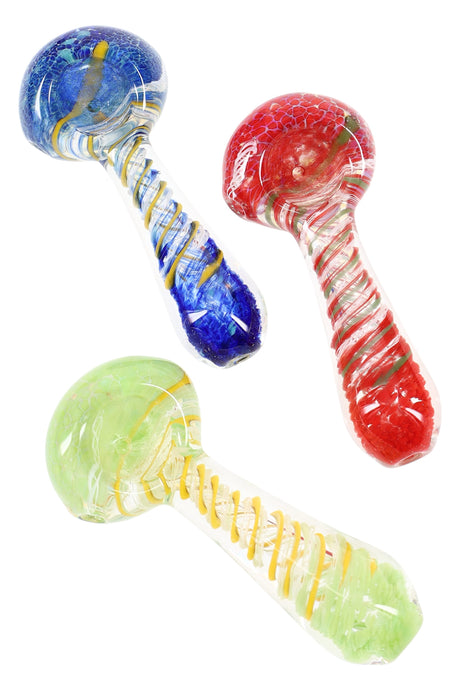 3.5-inch clear borosilicate spoon pipe with silver-fumed color-changing frit bowl and multicolor spiral stripes, side carb visible on white background.