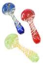 3.5-inch clear borosilicate spoon pipe with silver-fumed color-changing frit bowl and multicolor spiral stripes, side carb visible on white background.
