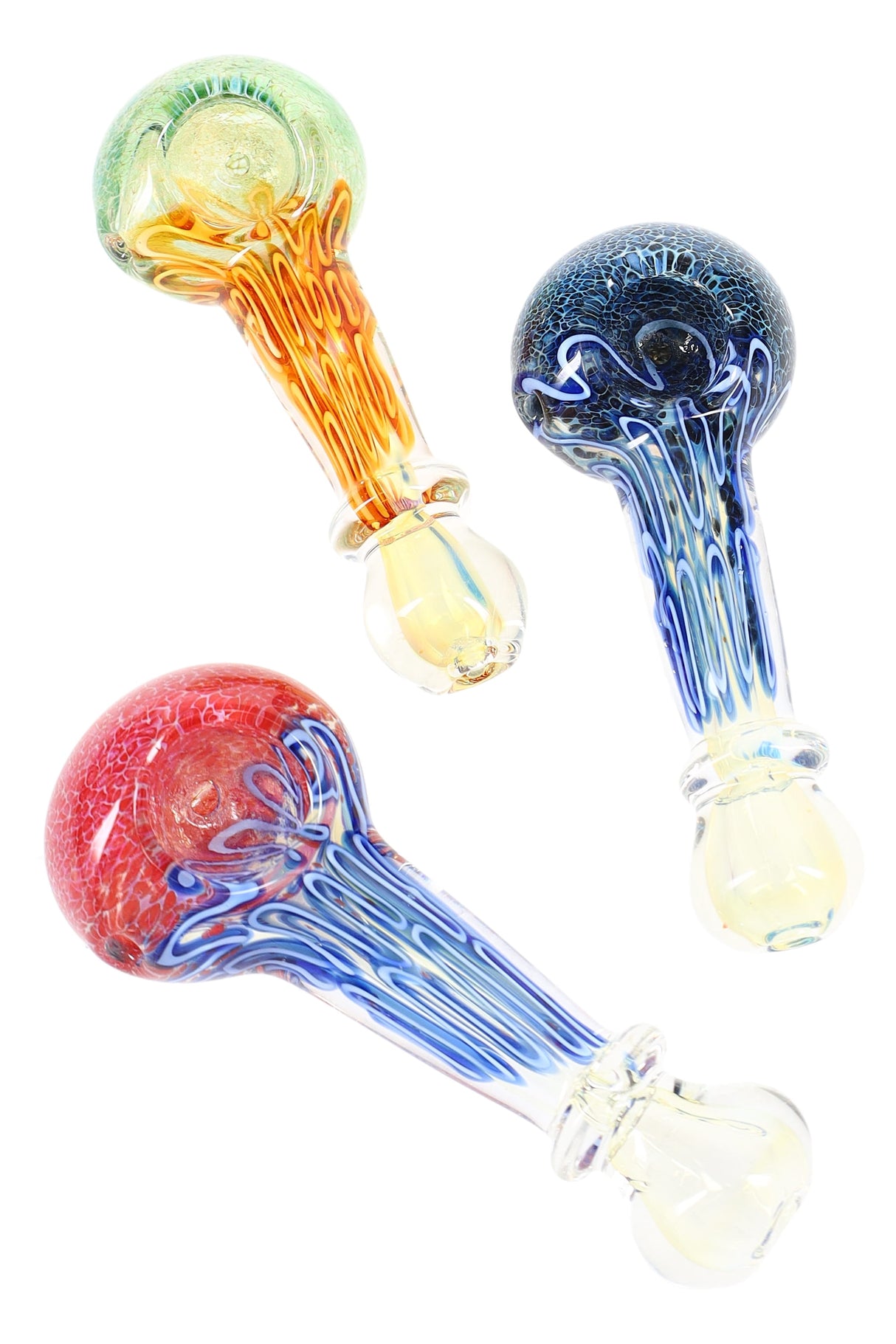Silver-fumed 3.5-inch borosilicate spoon pipe with color-changing frit bowl and multicolor squiggle stripes, deep chamber and side carb visible on white background.