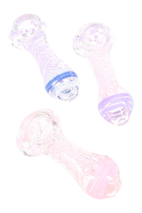 Clear 3-inch borosilicate spoon pipe with bright neon dot bowl and wrap-around stripe accents, deep chamber and side carb visible, resting on white backdrop.