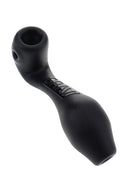 Matte black GRAV sandblasted Mini Sherlock glass hand pipe showing frosted finish, side carb, and embossed logo for a grippy, compact feel.