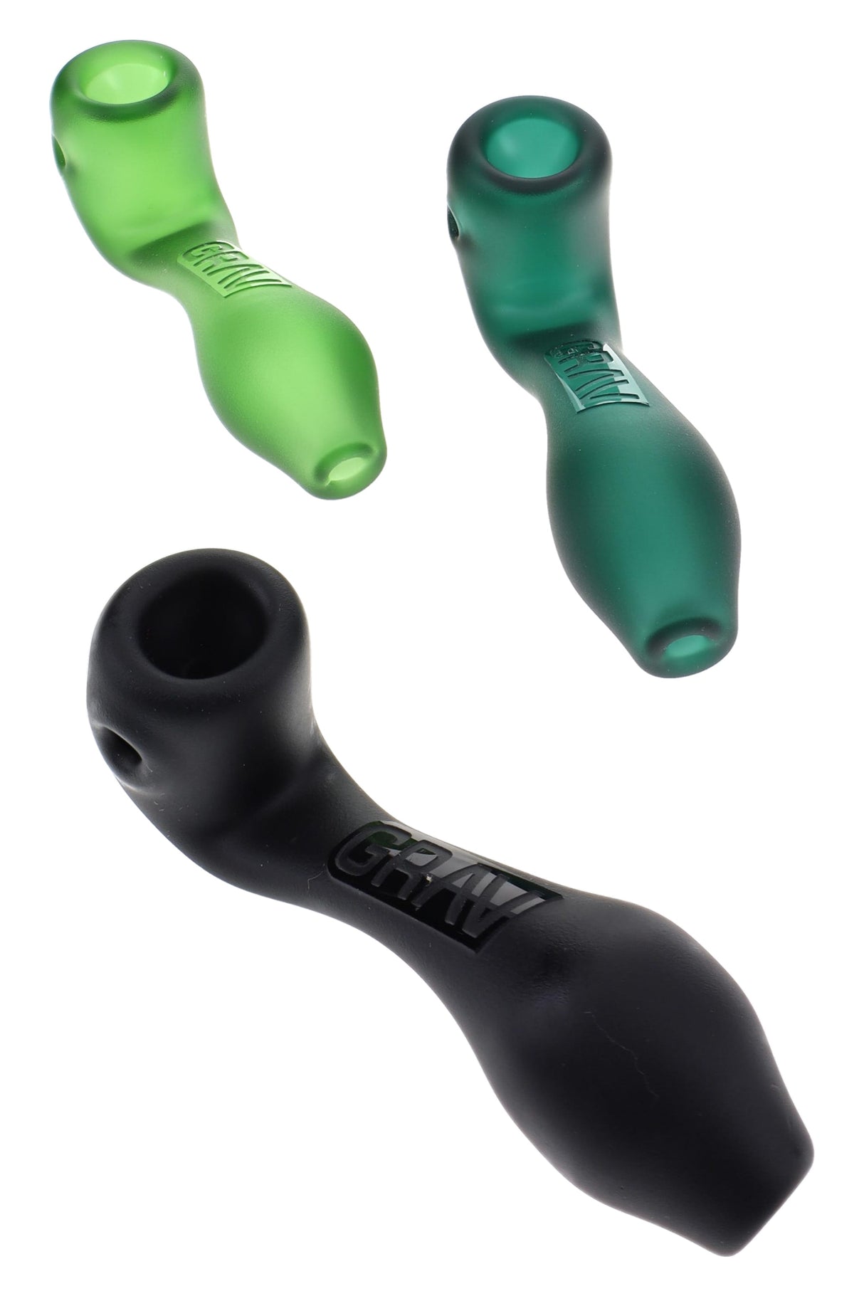 GRAV sandblasted Mini Sherlock glass hand pipes, frosted finish in green, teal, and black, compact dry herb design with side carb.