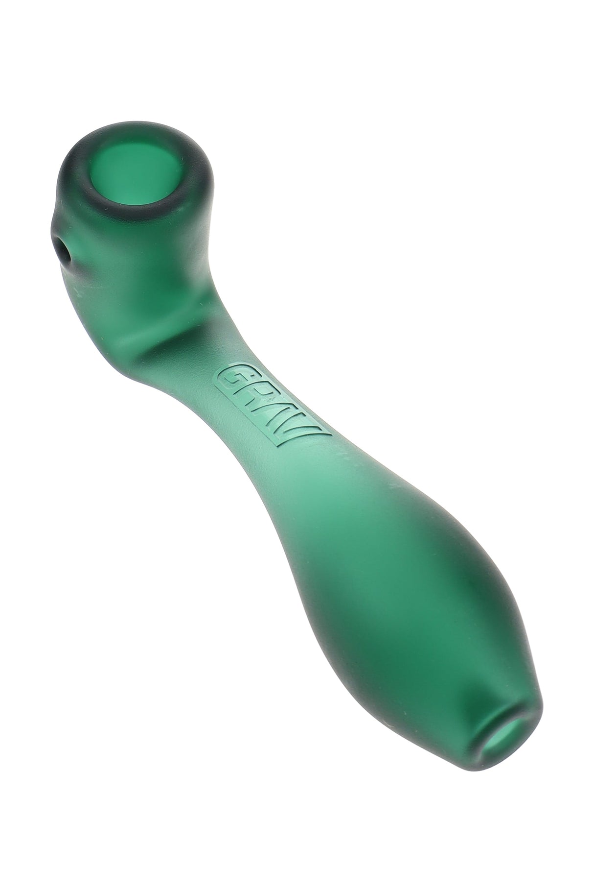 Green GRAV Sandblasted Classic Sherlock glass hand pipe, matte texture with embossed logo, deep bowl and side carb, 5½″ length.