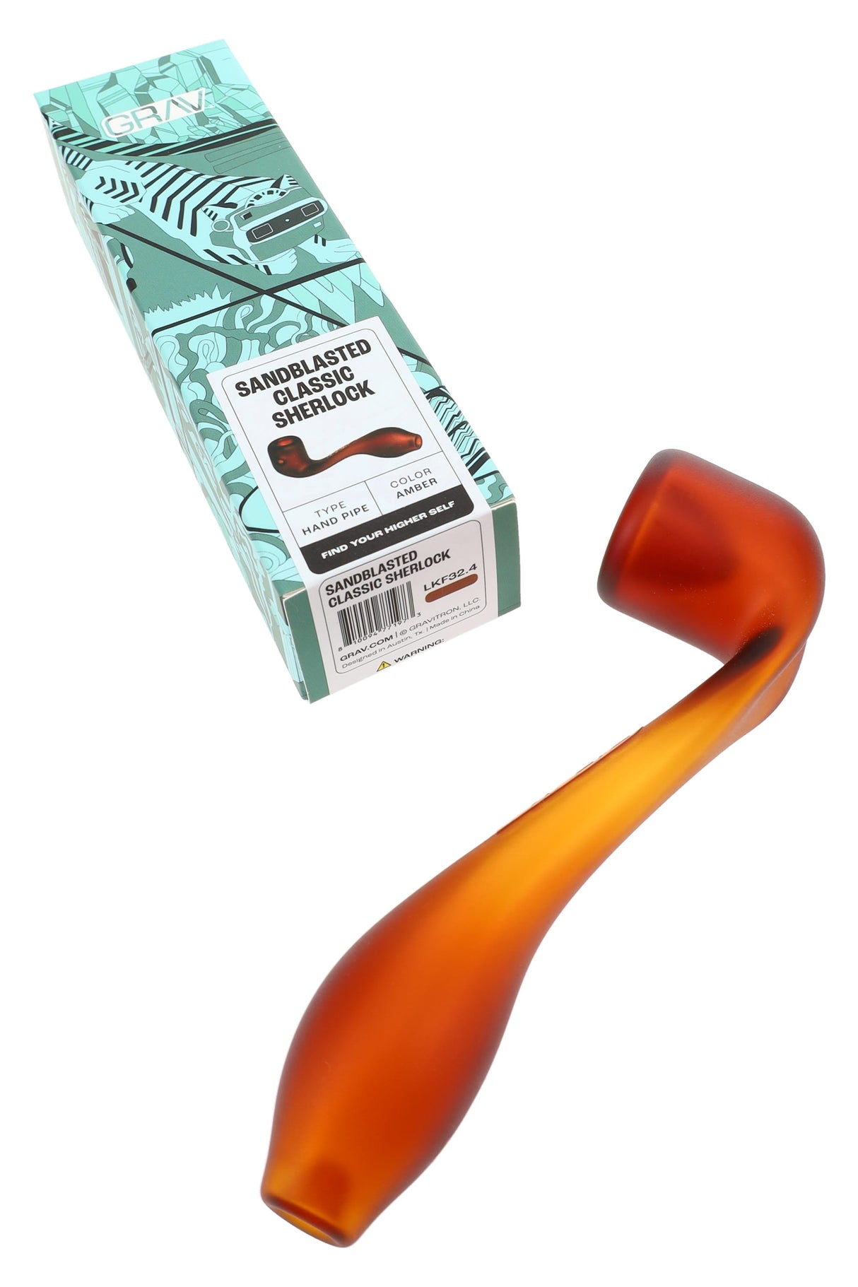 GRAV Sandblasted Classic Sherlock retail box shown with amber pipe, matte borosilicate 5½″ hand pipe for dry herb.