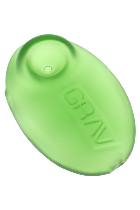 Light green GRAV Sandblasted Pebble Spoon showing matte texture, low-profile bowl and GRAV logo; compact 3″ dry herb pipe.