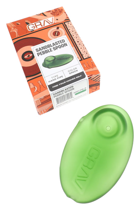 GRAV Sandblasted Pebble Spoon with retail box, green colorway; compact 3″ matte borosilicate hand pipe for dry herb.