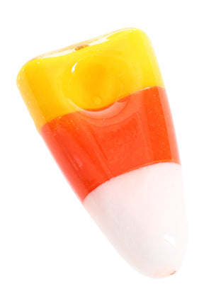 Tri-color candy corn glass hand pipe by MJ Arsenal with yellow, orange, and white layers in a compact tapered shape, shown on white background.