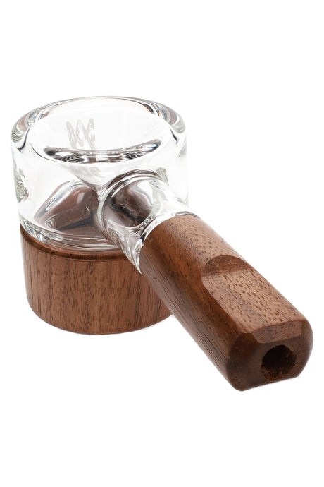 Clear glass Granby hand pipe with upright can bowl, straight stem, and dark wood mouthpiece and base from MJ Arsenal Alpine Collection, on white.