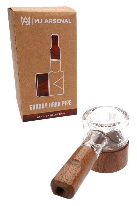 MJ Arsenal Granby Hand Pipe beside Alpine Collection box, borosilicate glass bowl with wooden mouthpiece and pedestal base for dry herb.