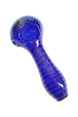 Close-up of blue GRAV 4″ bubble trap glass spoon pipe showing deep bowl, side carb, and textured dotted grip.