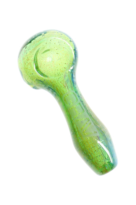Green GRAV bubble trap spoon hand pipe, 4″ length with suspended bubble texture and etched GRAV logo along the handle.