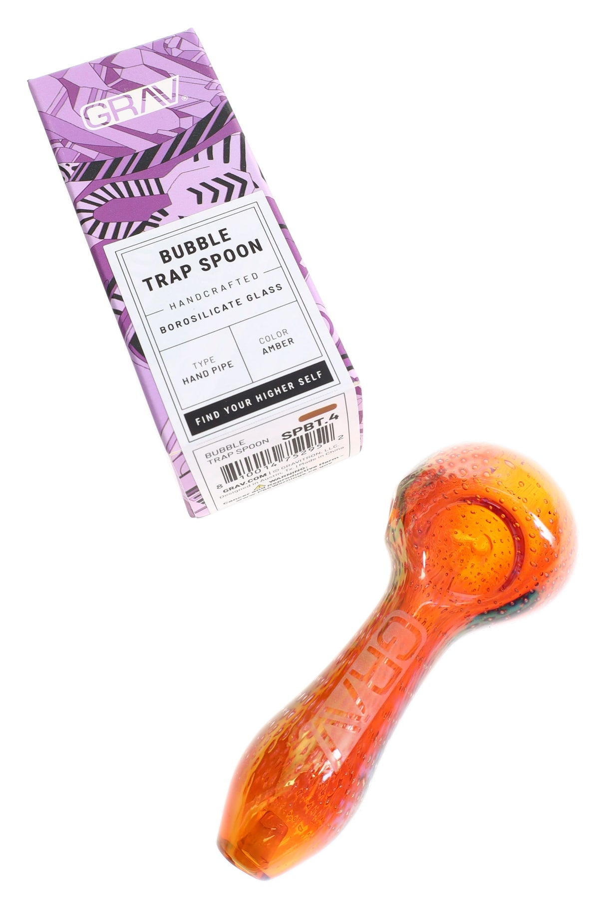 Amber GRAV bubble trap spoon beside branded retail box labeled “Bubble Trap Spoon,” product and color shown for merchandising.