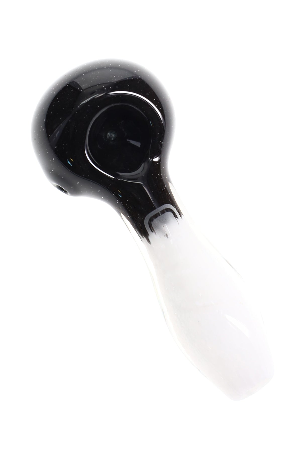 Black and white GRAV 4″ frit spoon pipe showing glossy bowl, color fade to white handle, and compact handheld shape.