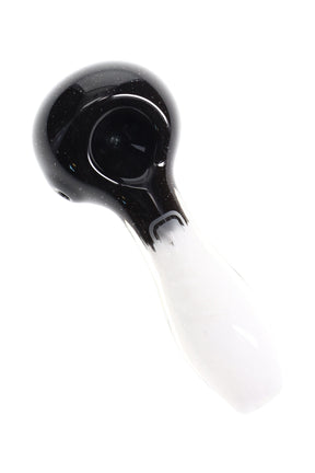 Black and white GRAV 4″ frit spoon pipe showing glossy bowl, color fade to white handle, and compact handheld shape.