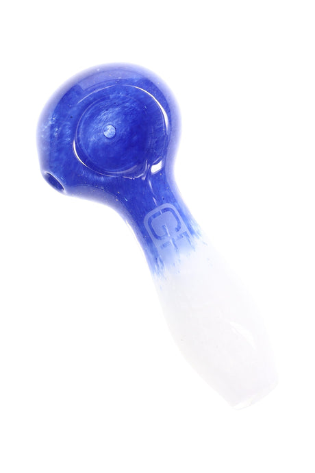 Blue and white GRAV 4″ frit glass spoon pipe with marbled frit pattern, deep bowl, and side carb on the left.