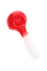 Red and white GRAV 4″ frit glass spoon pipe, shiny finish and smooth color transition with carb hole visible.