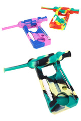 Multicolor silicone dab straw kit with holder tray, 10″ assembled ceramic-tip straw and metal tool; assorted colors, sold individually.