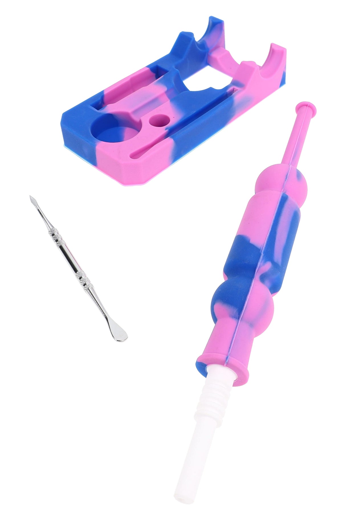 Pink and blue silicone dab straw kit disassembled, showing tray, 14.5 mm ceramic tip, and metal dab tool; compact 10″ setup.