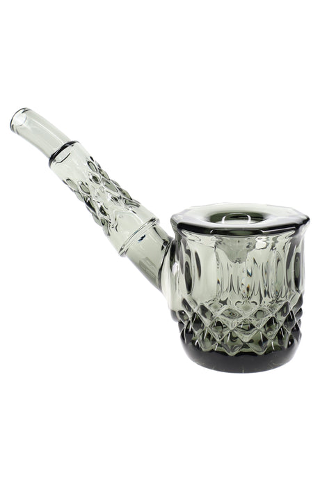 Charcoal gray 5″ NWTN Highball glass hand pipe in side view, sherlock-style neck and cut-crystal texture catching light against white backdrop.