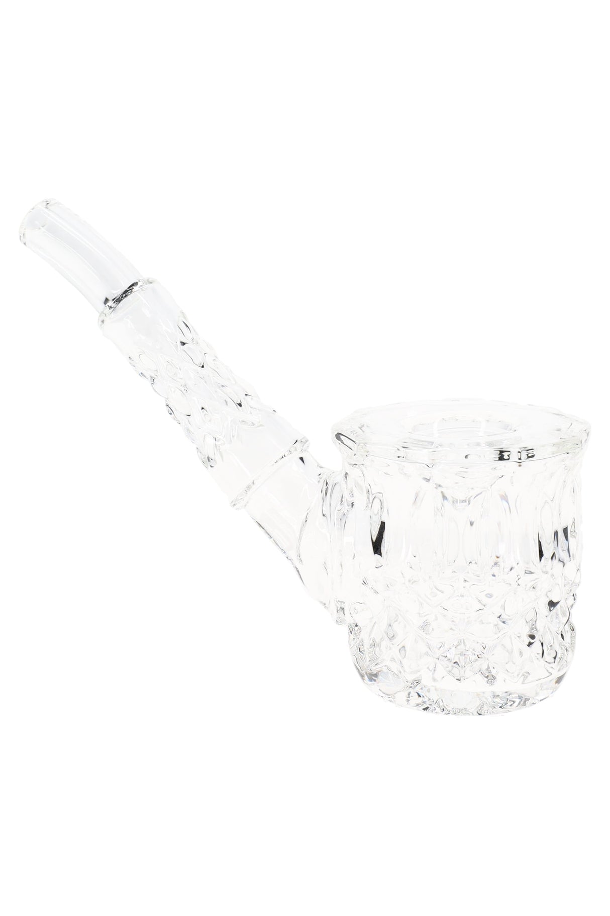 Clear 5″ NWTN Highball glass hand pipe with faceted bowl and stem, crystal-style dry herb pipe shown in profile on clean white background.