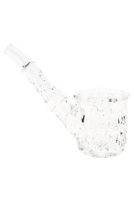 Clear 5″ NWTN Highball glass hand pipe with faceted bowl and stem, crystal-style dry herb pipe shown in profile on clean white background.