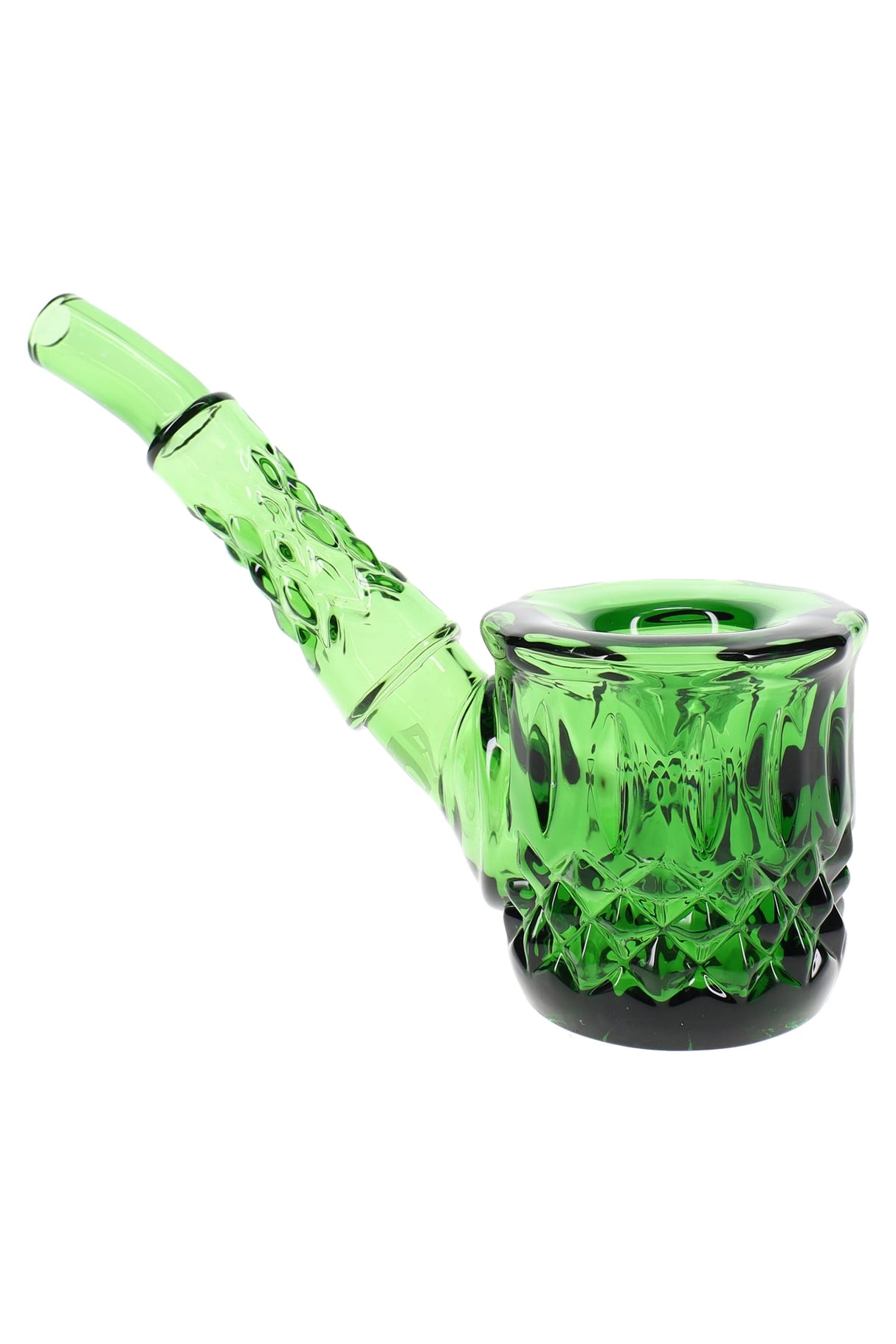 Emerald green 5″ NWTN Highball glass hand pipe with textured cup bowl and curved mouthpiece, reflective vintage patterning on white studio set.