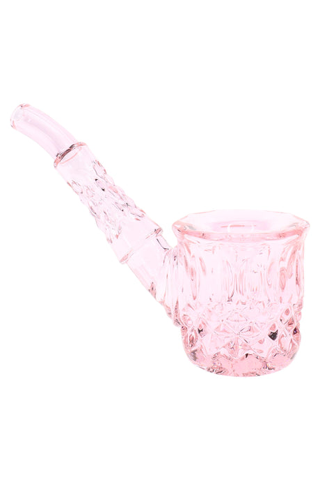 Petal pink 5″ NWTN Highball glass hand pipe with soft tint and vintage-inspired cut texture, compact sherlock-style piece on a white background.