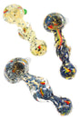 4.5 inch color changing frit rasta stripe twisted glass hand pipe with marble accent, shown in assorted designs on white background