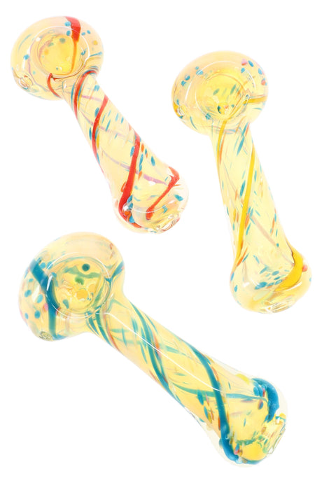 4 inch color changing spiral stripe glass hand pipe with multicolor frit accents, compact spoon design in assorted patterns