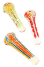 4 inch color changing squiggle striped glass hand pipe with bright multicolor lines inside clear glass, shown in assorted variations on white background