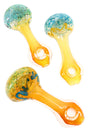 4.5 inch donut hole frit gold fumed glass hand pipe with color changing bowl and amber stem, shown in assorted unique patterns