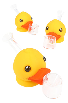 Small glass and silicone duck-shaped 4 inch hand pipe with clear removable bowl and mouthpiece, novelty animal pipe on white background