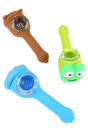 Three 4 inch silicone character hand pipes with removable glass screen bowls in brown bear, green frog and blue cartoon styles on white background