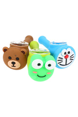 Front view of three 4 inch silicone character silicone hand pipes with glass screen bowls showing cute bear, frog and cat faces together