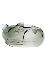 Smoky gray Hemper Alley Cats glass hand pipe shaped like a sleeping cat, shown in side profile on a plain white background.