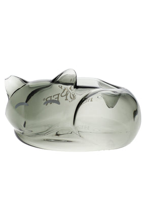 Smoky gray Hemper Alley Cats glass hand pipe shaped like a sleeping cat, shown in side profile on a plain white background.