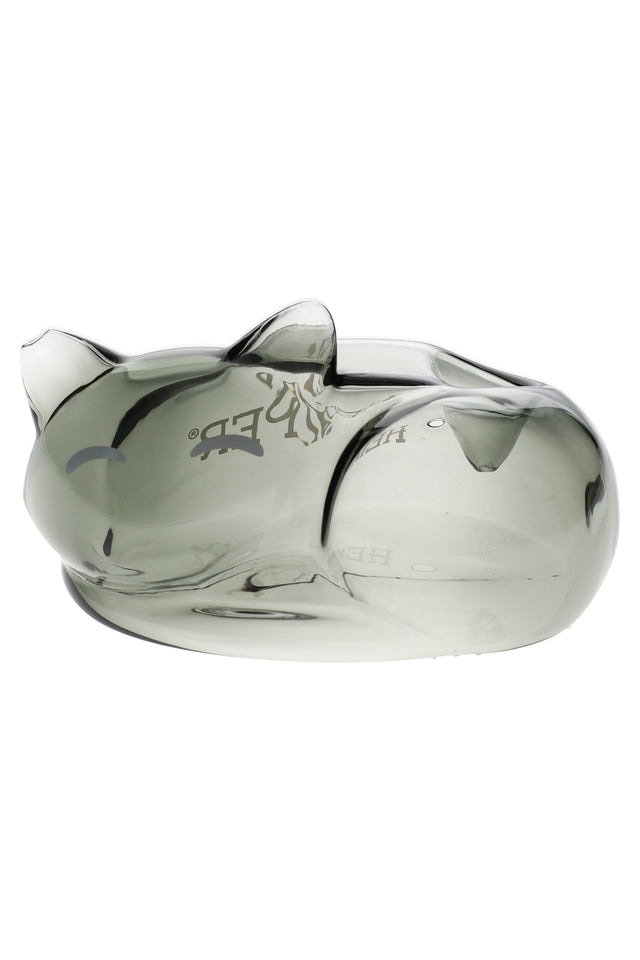 Smoky gray Hemper Alley Cats glass hand pipe shaped like a sleeping cat, shown in side profile on a plain white background.