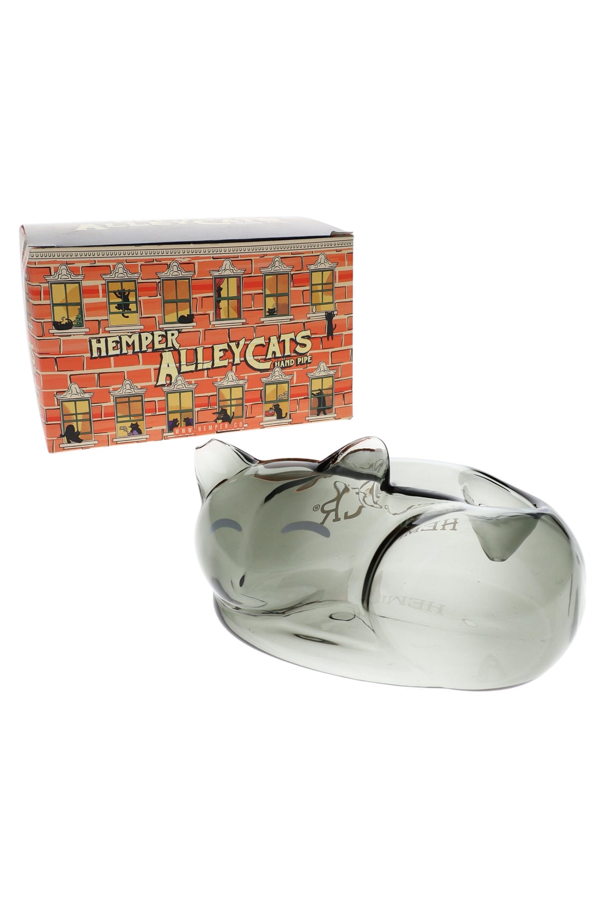 Hemper Alley Cats cat-shaped smoky gray glass hand pipe displayed in front of illustrated brick window retail box on white backdrop.