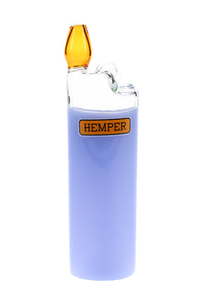 Hemper Bowlman Lighter 5″ blue glass pipe standing upright, shaped like a pocket lighter with amber flame mouthpiece on white background.