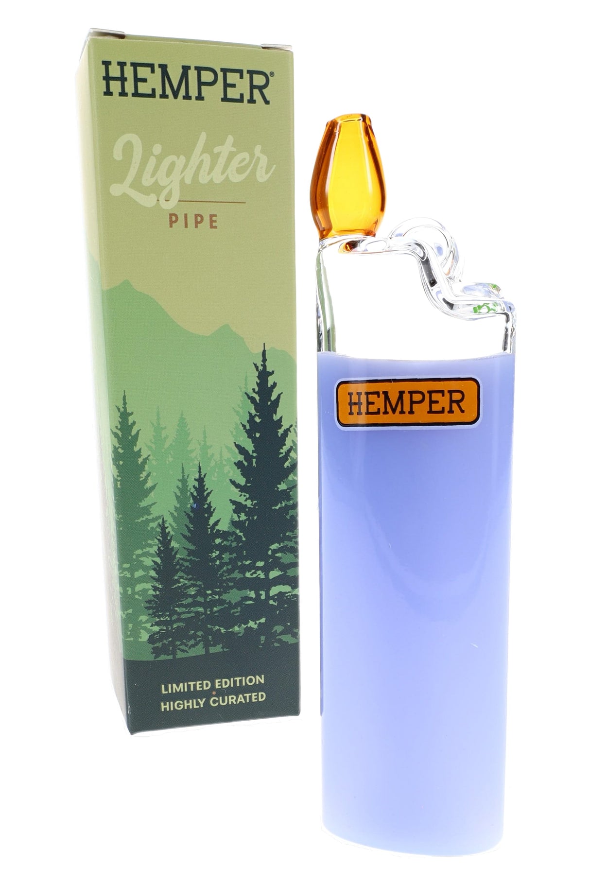 Hemper Bowlman Lighter blue glass pipe shown beside its green forest-themed Lighter Pipe retail box on a clean white backdrop.