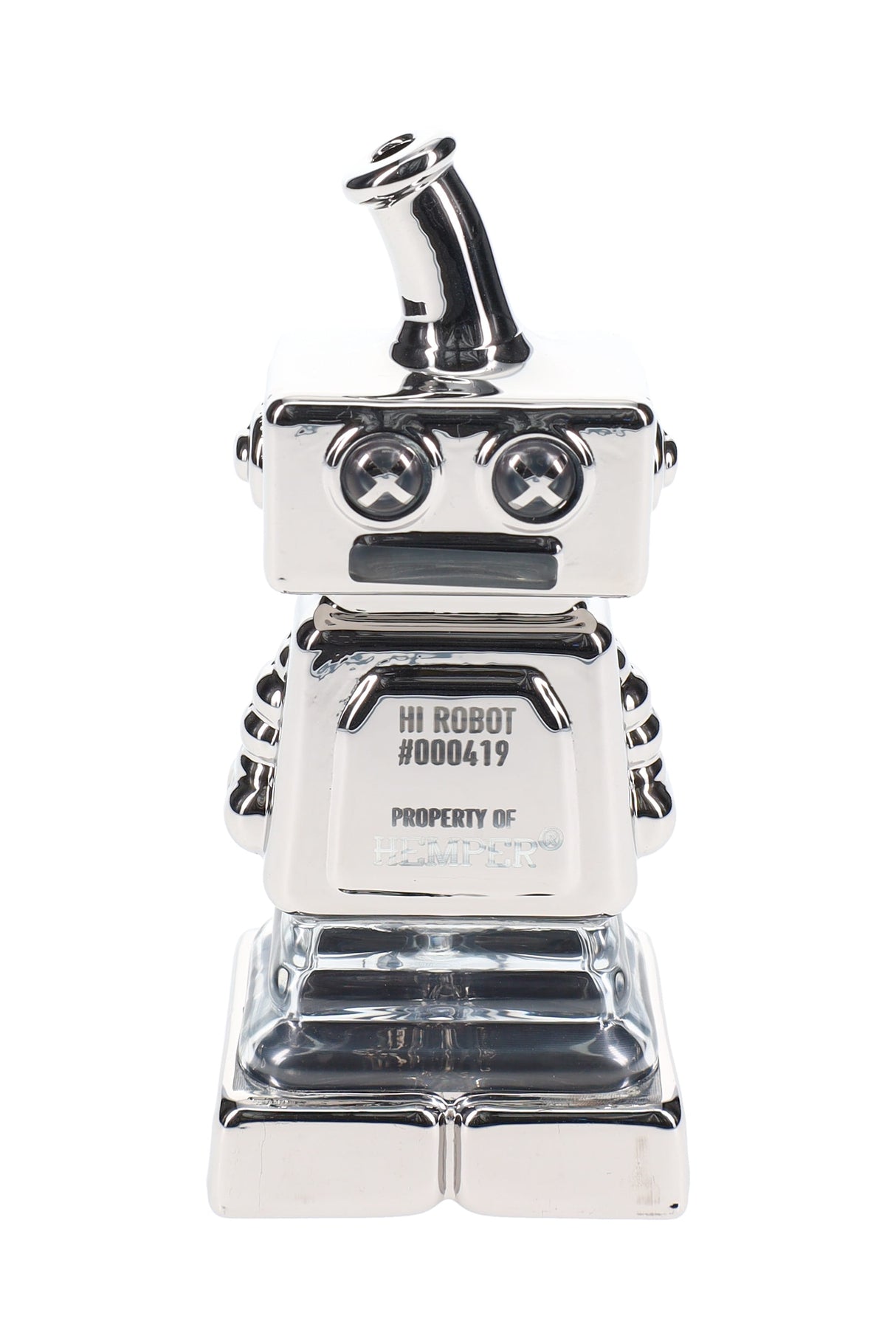 Metallic silver Hemper Hi-Robot 4″ chrome glass hand pipe standing upright, showing X-eye face and antenna mouthpiece on white background.