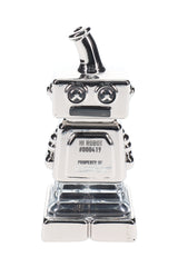 Metallic silver Hemper Hi-Robot 4″ chrome glass hand pipe standing upright, showing X-eye face and antenna mouthpiece on white background.