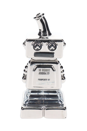 Metallic silver Hemper Hi-Robot 4″ chrome glass hand pipe standing upright, showing X-eye face and antenna mouthpiece on white background.