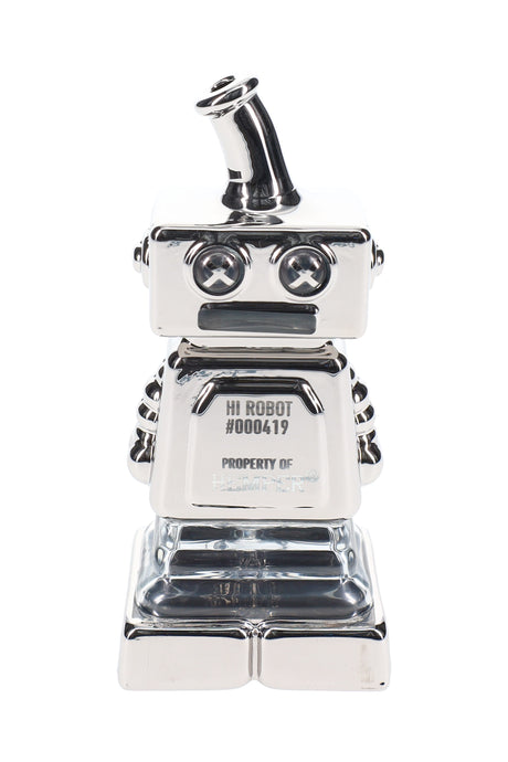 Metallic silver Hemper Hi-Robot 4″ chrome glass hand pipe standing upright, showing X-eye face and antenna mouthpiece on white background.