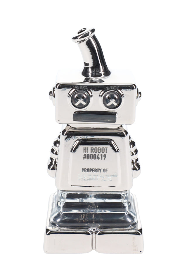 Metallic silver Hemper Hi-Robot 4″ chrome glass hand pipe standing upright, showing X-eye face and antenna mouthpiece on white background.