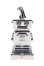 Metallic silver Hemper Hi-Robot 4″ chrome glass hand pipe standing upright, showing X-eye face and antenna mouthpiece on white background.