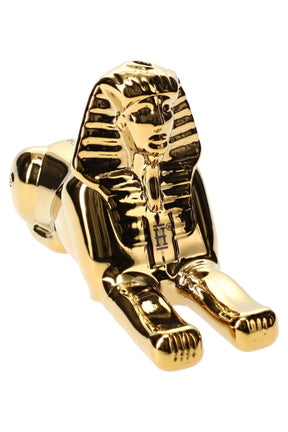 5″ Hemper Ancient Egypt Sphinx gold glass hand pipe in reclining statue pose, detailed pharaoh head and paws on a white background.