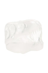 Frosted white T-Rex skull glass hand pipe showing sculpted eye sockets, jawline, and teeth on a clean white studio background.