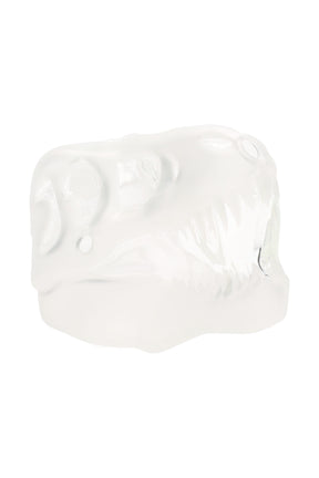 Frosted white T-Rex skull glass hand pipe showing sculpted eye sockets, jawline, and teeth on a clean white studio background.