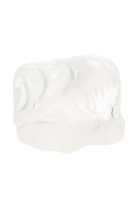 Frosted white T-Rex skull glass hand pipe showing sculpted eye sockets, jawline, and teeth on a clean white studio background.